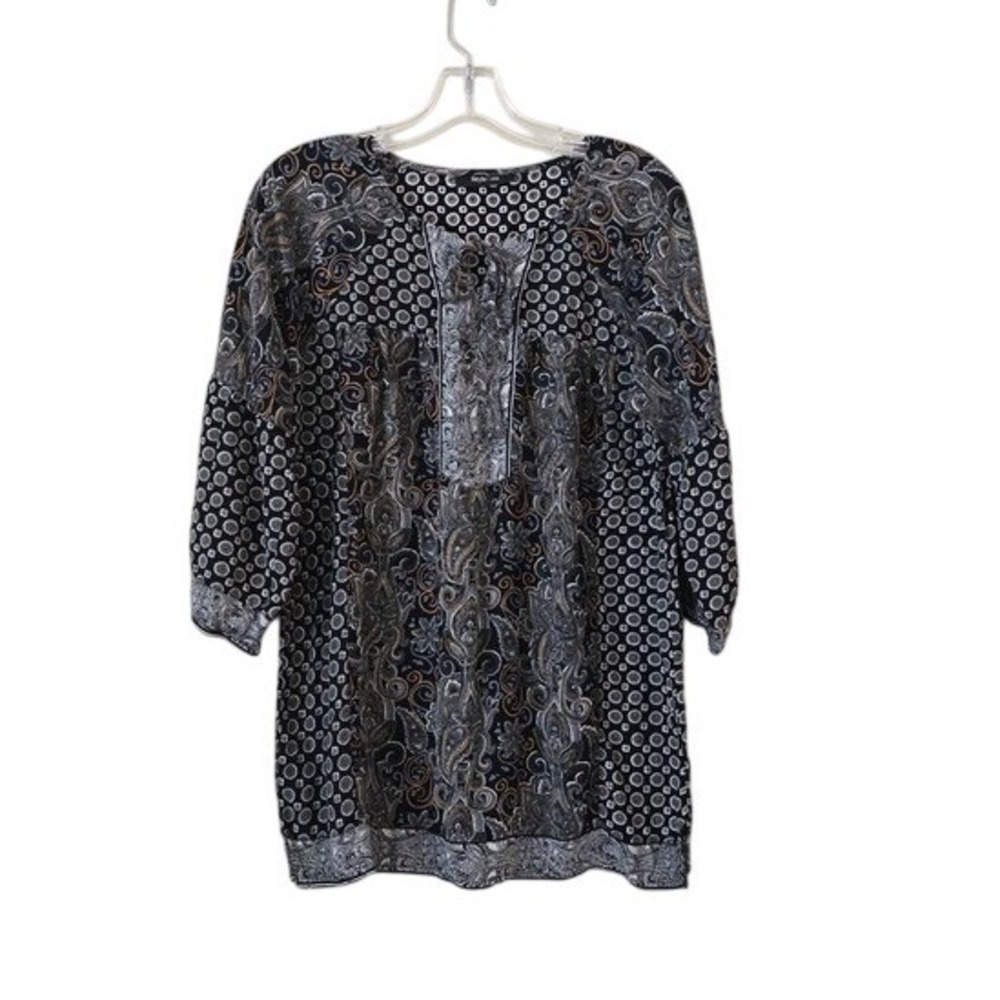 Style & Co Womens Mixed Paisley Print Split Neck Tunic Top Black Grey Tan Medium
